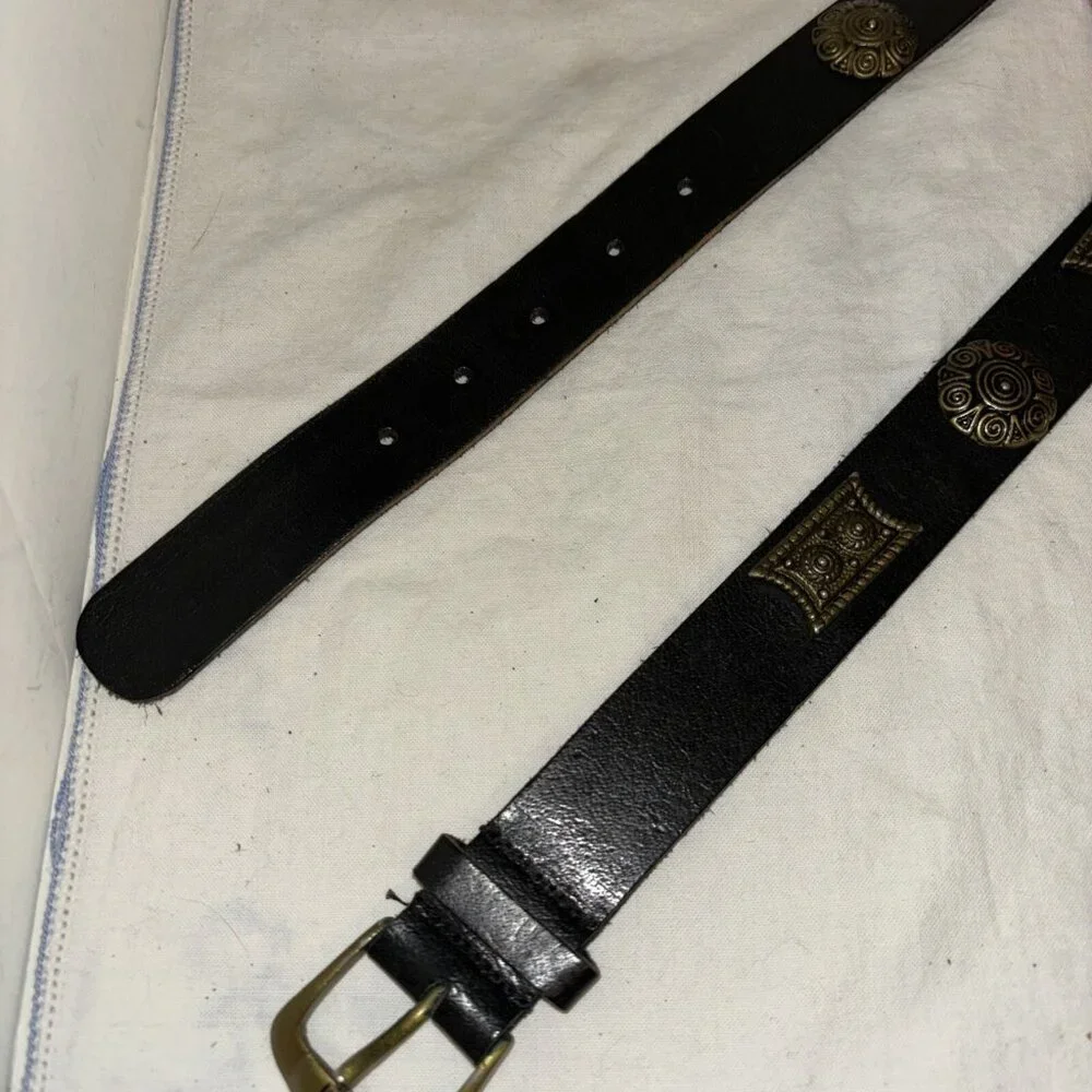 Womens Black Leather Belt W/Embellishments Med Psbly Handmade‎